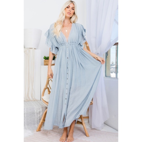 SOLD OUT Misty Blue Gauze Boho Button Short Slv Deep V Woven Gathered Maxi - Picture 6 of 7